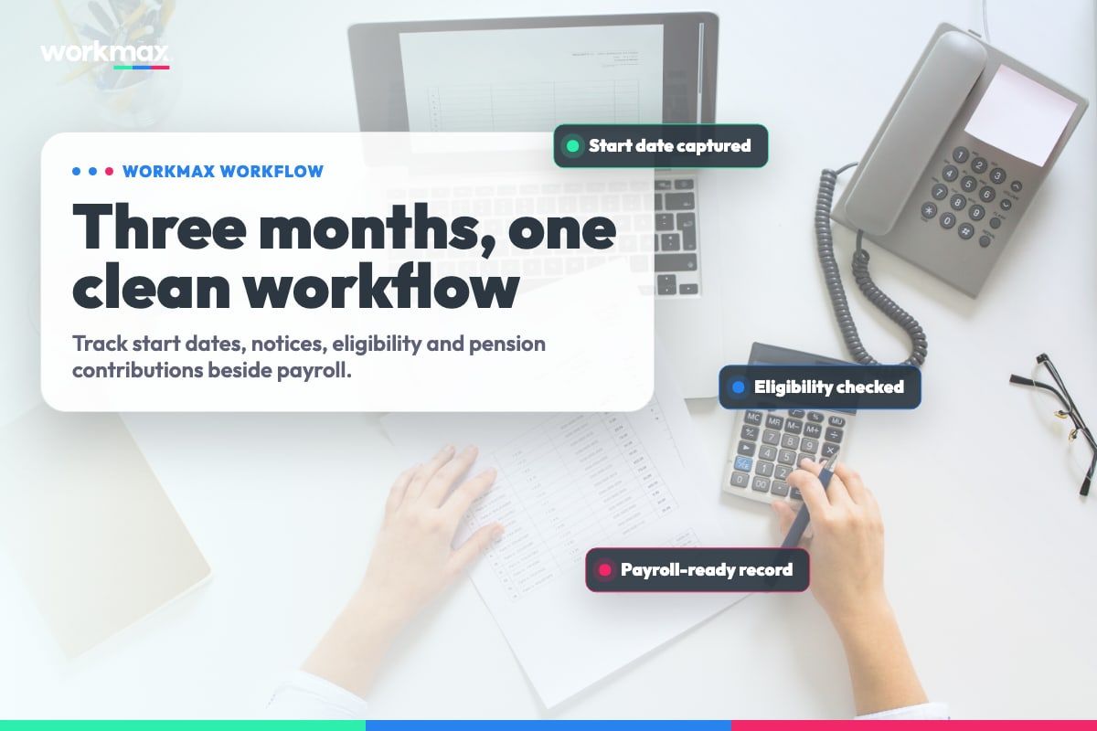 Payroll desk image personalised with Workmax annotations for pension postponement workflow tracking.