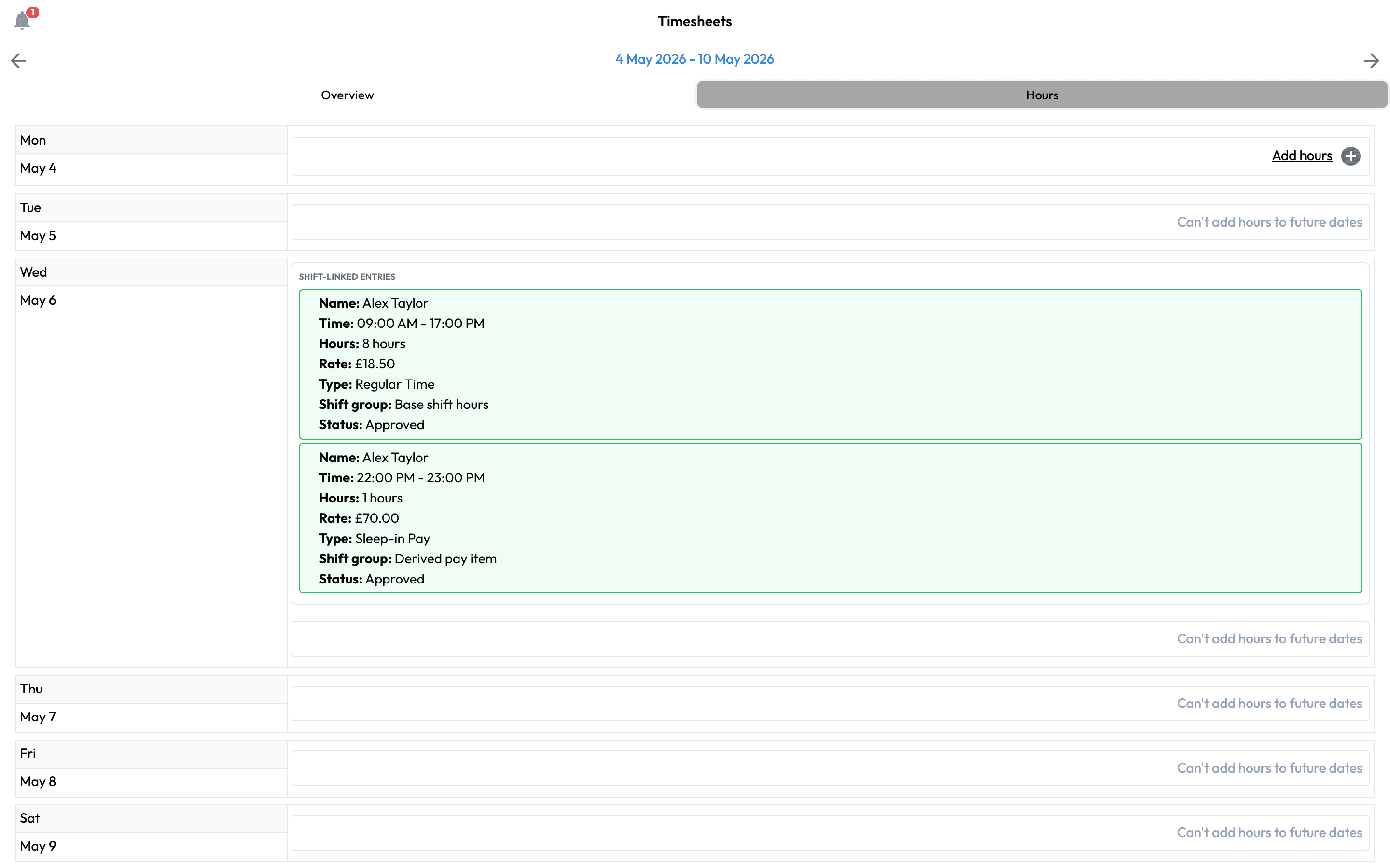 Shift-linked care timesheets showing approved care work ready for payroll and review